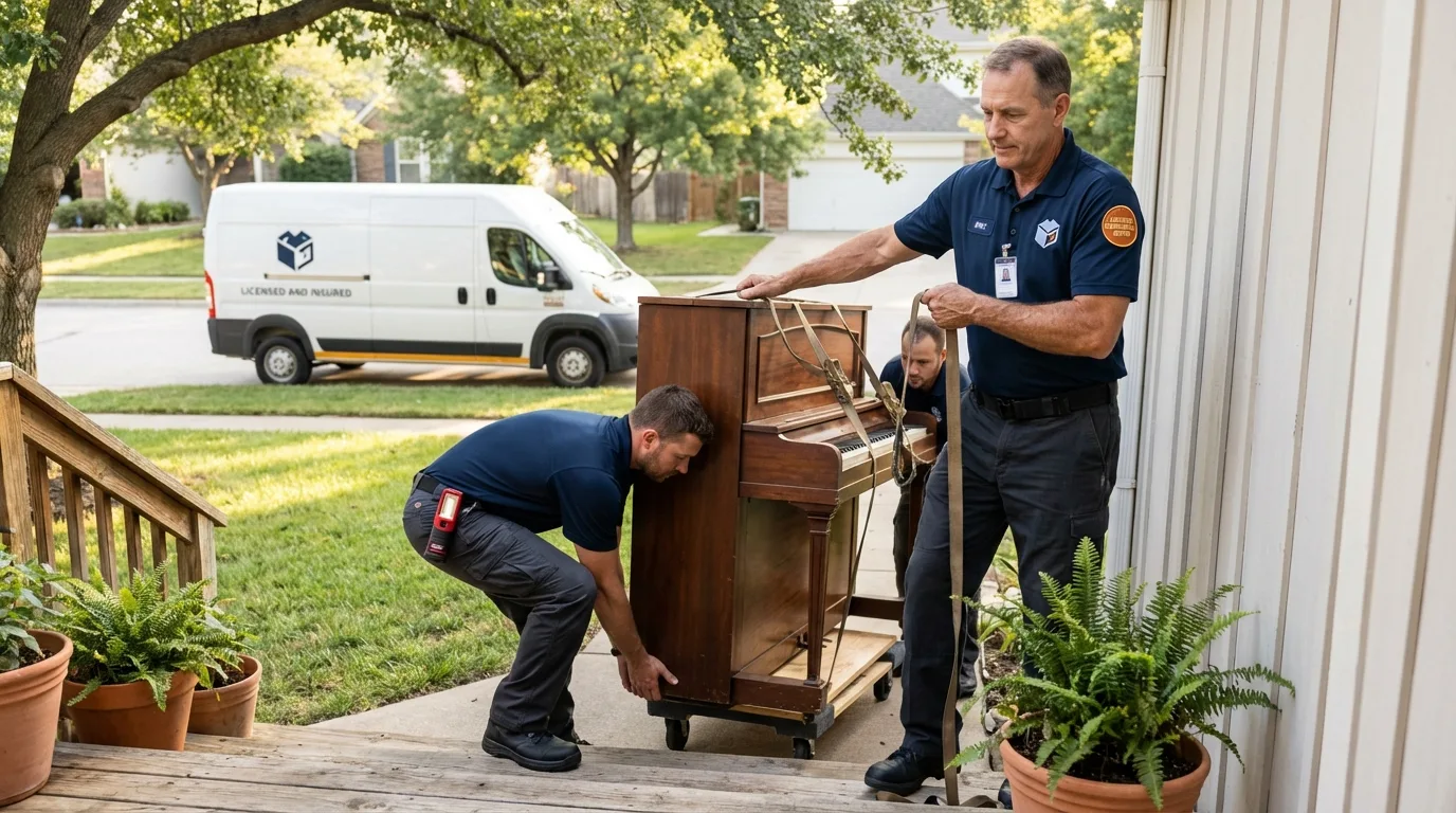Licensed piano movers securing grand piano in Vado, NM
