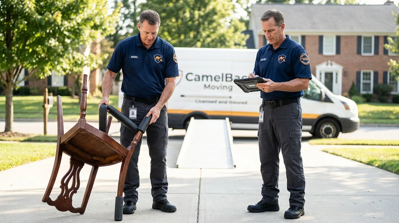 Movers inspecting furniture for damage prevention before loading in Vado, NM